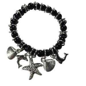 Stretch Beaded Bracelet Silver-Tone Sea Charms: Starfish Dolphin Shells Whale